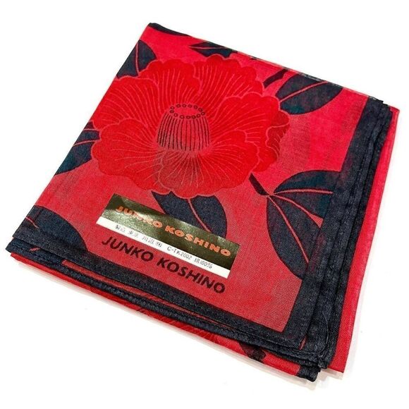 Junko Koshino 16x16 Square Scarf Red Black Floral Asian Inspired Summer Coastal - Picture 2 of 7